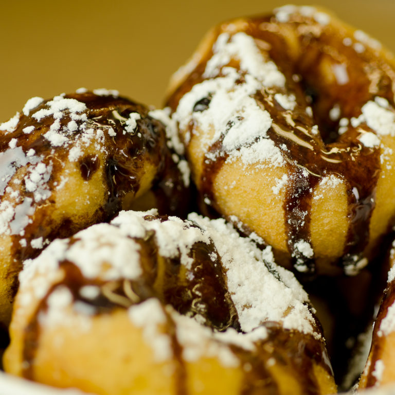 Cin City Mini Donuts with chocolate sauce and powder sugar